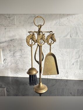 Vintage 16.5” Brass Horse Head Fireside Companion Tool Set